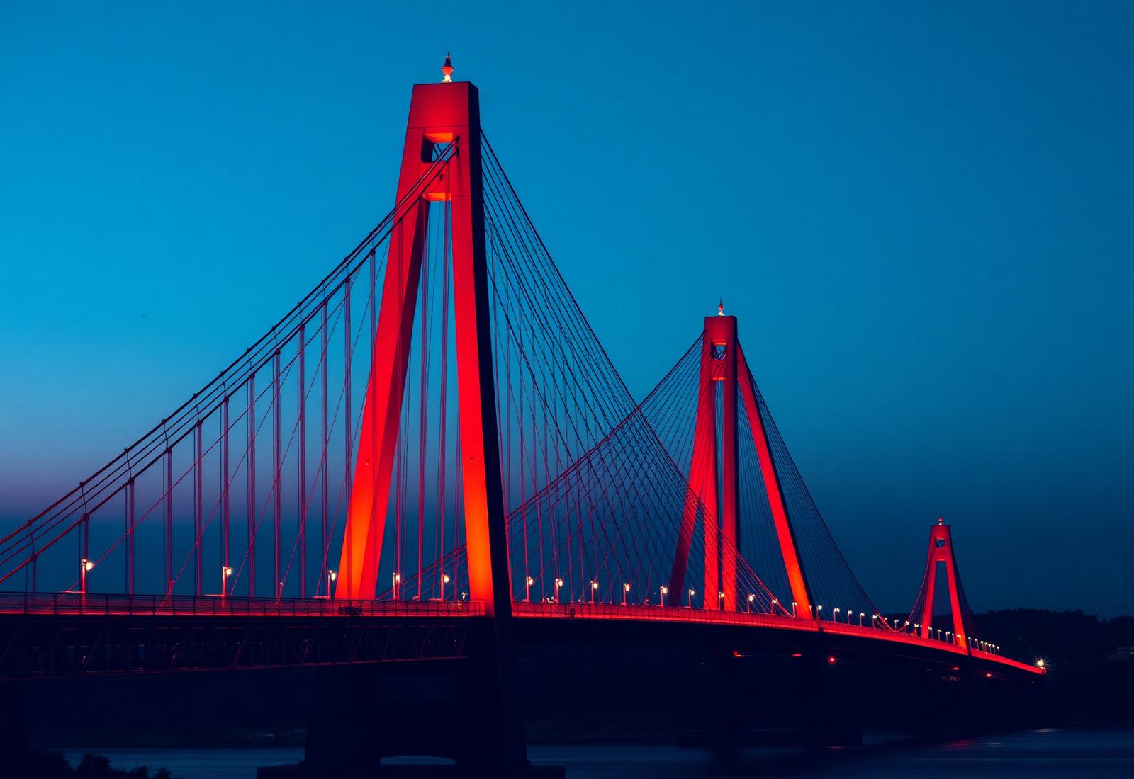 Illuminated red suspension bridge at dusk